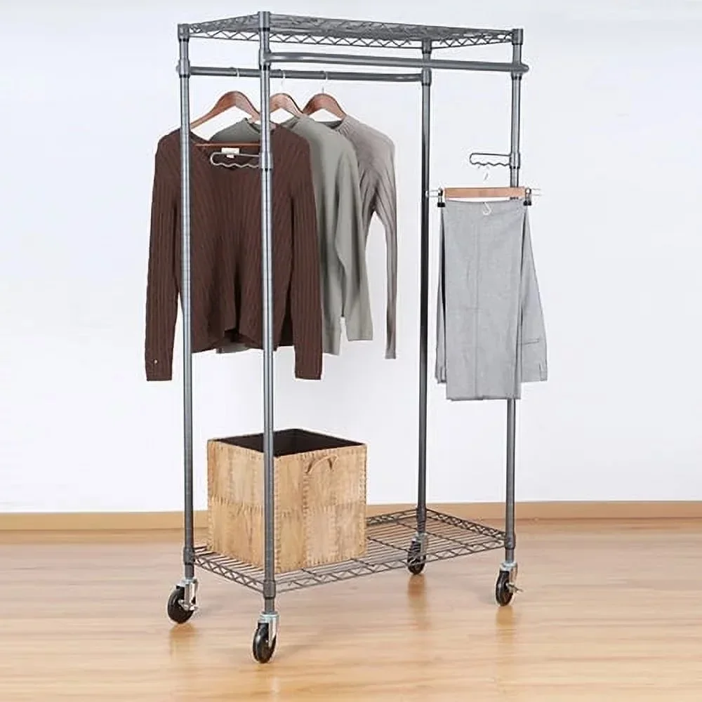 

Clothes and hats rack, rolling clothes and hats rack, including 2 sturdy racks and 2 adjustable hangers, bronze finish, gray