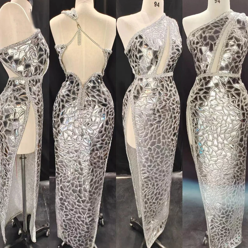 

2022 Sparkly Silver Mirrors Hollow Backless Long Dress Evening Birthday Celebrate Costume Women Dancer Dresses Outfit XS4087