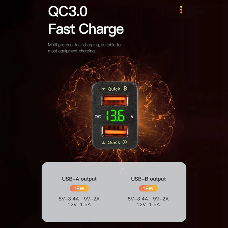 Быстрое зарядное устройство для автомобиля 2x36 Вт QC3.0 быстрое с двумя USB-портами и