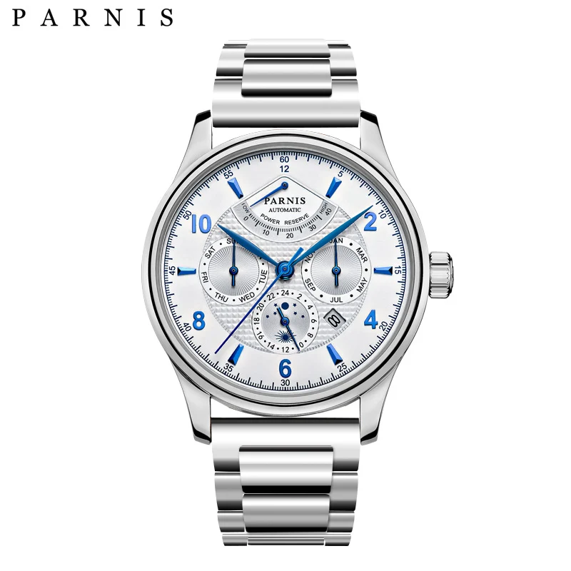 

Parnis 43mm Automatic Mechanical Men Watch Moon Phase Power Reserve Miyota 9100 Movement Silver Stainless Steel Bracelet Watches