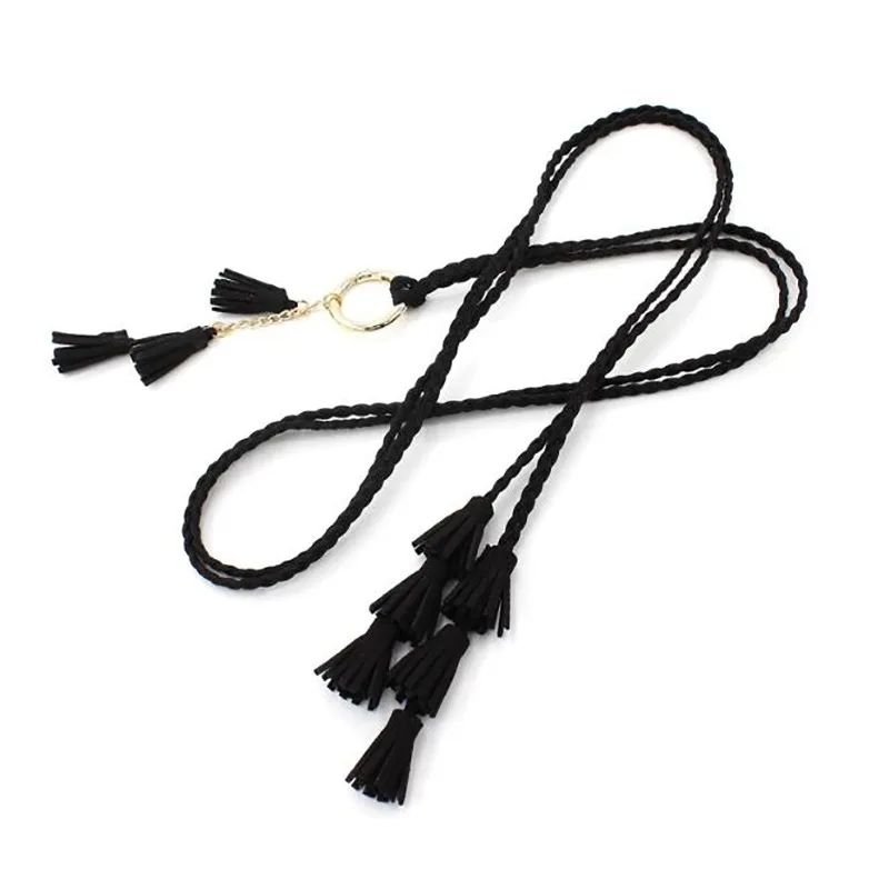 Moda damska jednokolorowy pleciony pasek z frędzlami 2024 nowe dziewczyny Boho cienka talia liny dzianinowe paski do sukienek akcesoria w pasie