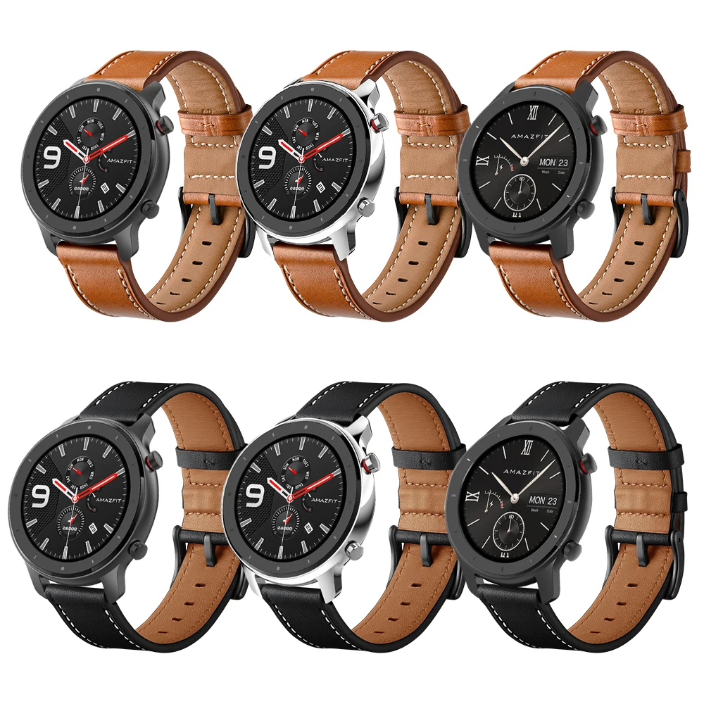 

Brown Black Leather Watchband For Huami Amazfit GTR 47mm 42mm Wrist Strap For Stratos 3 2 2S /Amazfit Pace Band Bracelet