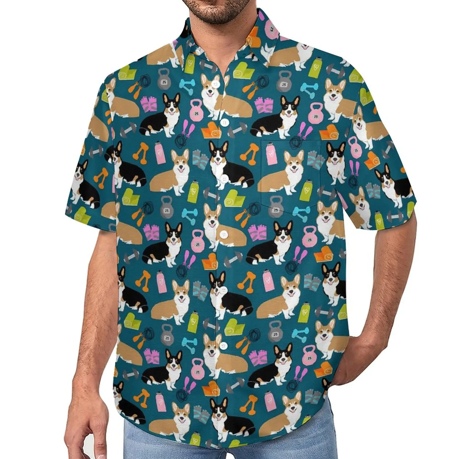 

Corgi Workout Blouses Male Funny Animal Print Casual Shirts Hawaii Short Sleeve Design Aesthetic Oversized Vacation Shirt Gift