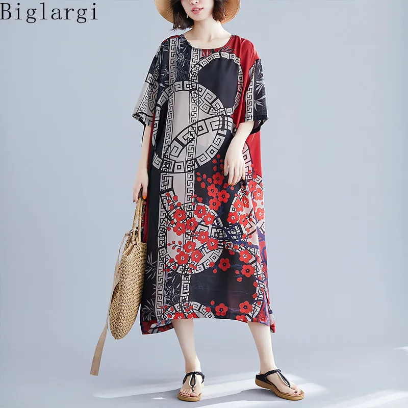 

Oversized Print Flower Summer Beach Dress Women for Loose Casual Ladies Dresses Big Size Cotton Vintage Print Woman Long Dress