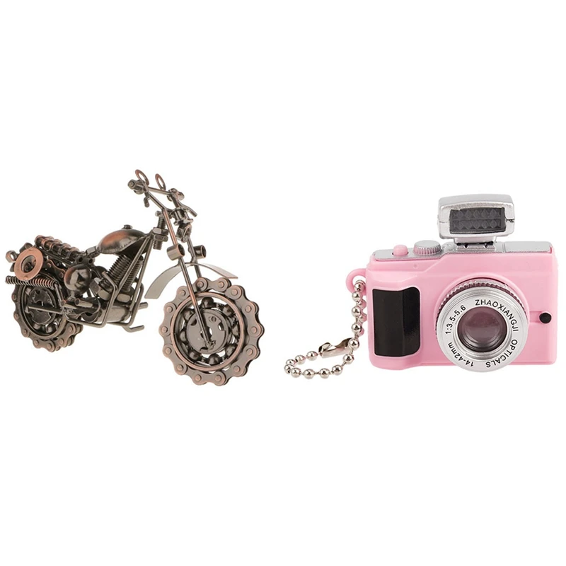 

1 Pcs Metal Motorbike Motorcycle Model & 1 Pcs 1:8 Scale Dollhouse Miniature SLR Camera Dolls House Decoration Pink