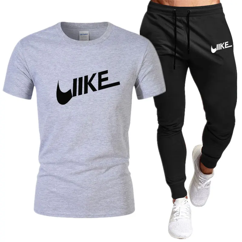 Men's Shirt Training Two Pieces Sets Men Casual Fitness Sport Suit Short Sleeve T Shirt + Men's Casual Pants Sportswear Suits