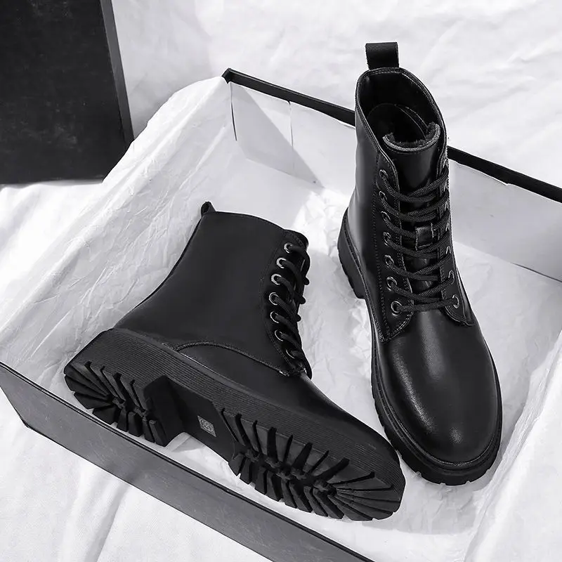 

Winter Fashion Women's Boots Lace Up Round Head Women Black Mid Heel Square Heel PU Leather Boots Women knee high boots