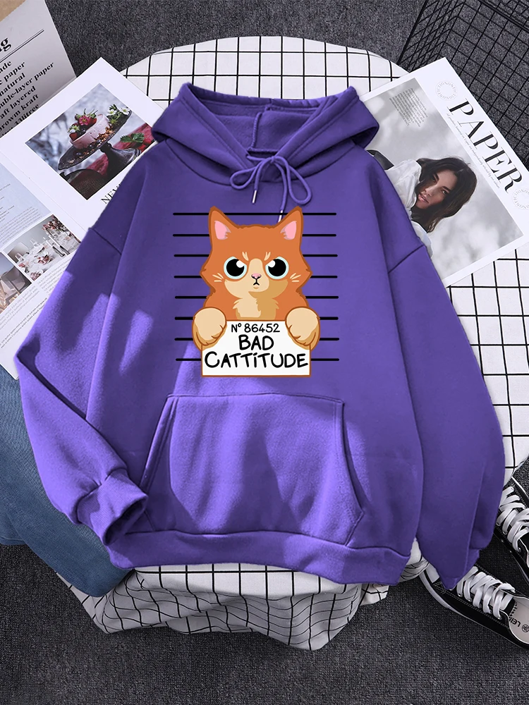 

Bad Cattitude Orange Cat Pattern Hoodie Women Fashion Casual Hoody Fleece Autumn Clothing Warm Crewneck Streetwear For Female