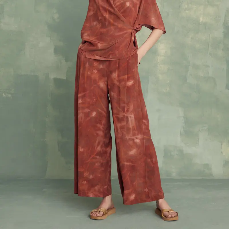 Women's Halo Dyed Printed Silk Casual Pants Female High Waist Elastic Casual Wide Leg Trousers 2023 Spring/Summer