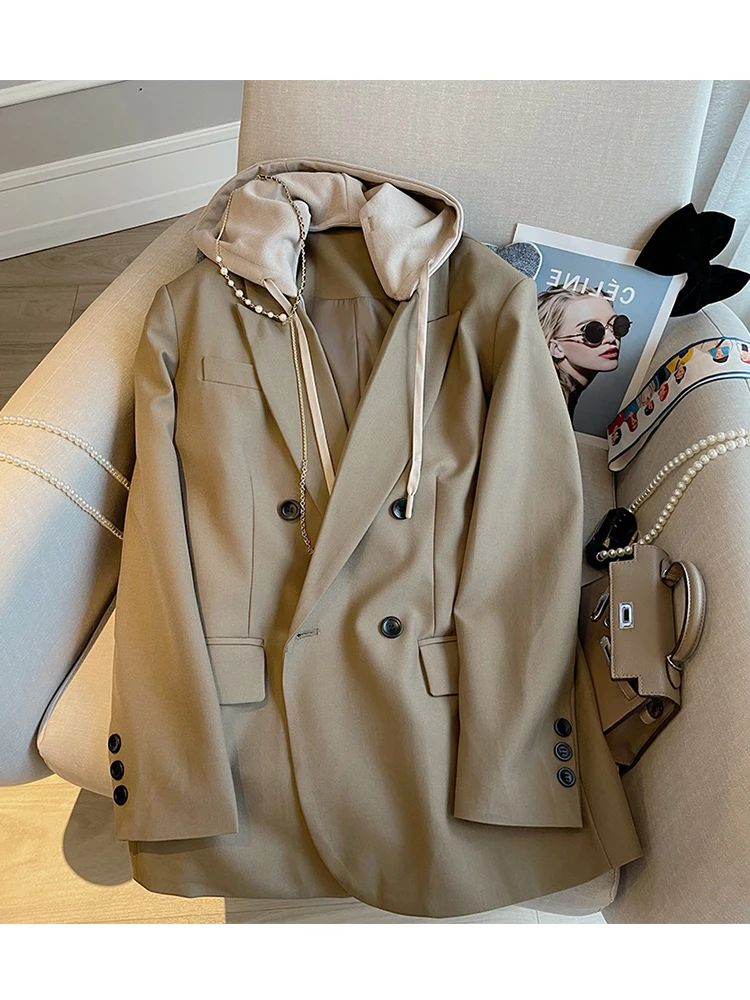 Women Khaki Double Breasted Patchwork Hooded Blazer New Fake Two Long Sleeve Loose Lace up Jacket Autumn Winter 2022 Female