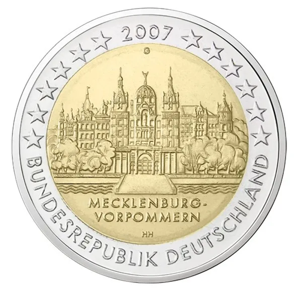 Германия, 2007 г., дворец флевин в мекленбурге, памятная монета 2 евро, Заводская стандартная, случайный выбор, 100% оригинал