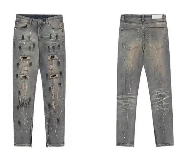 European American High Street Washed And Worn Out Ripped Hole Skinny Jeans Men Jeans Hip Hop Slim Straight Trousers