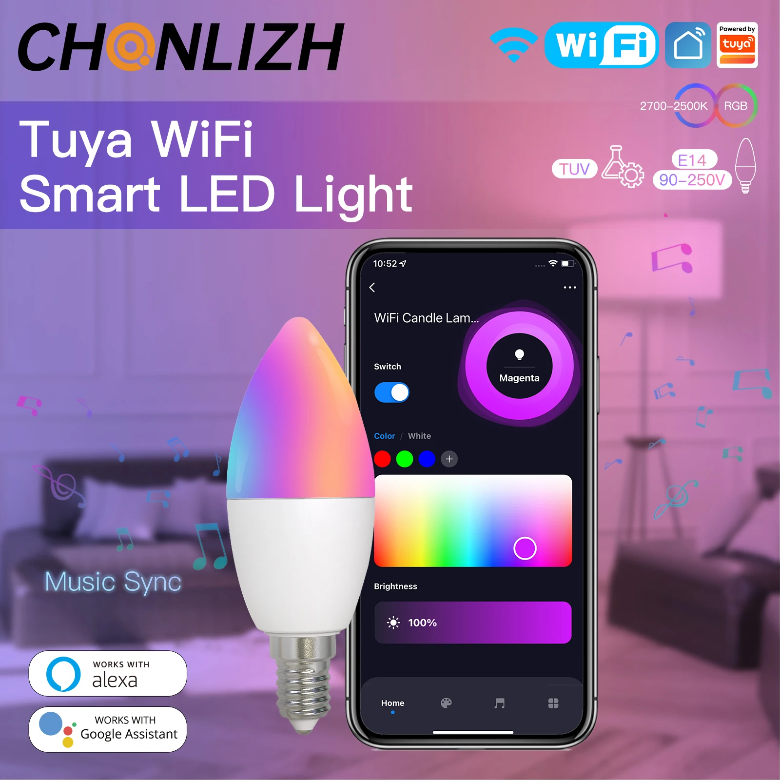 

Tuya WiFi Smart 6W LED Light Bulb E14 Candle Lamp 16 Million RGBCCT 2700-6500K Dimmable Candelabra Lighting Alexa Google 90-250V