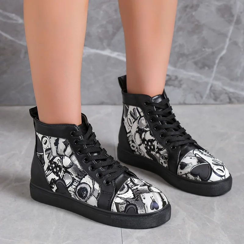 2022 Women High Top Casual Single Shoes Colour Printing Plus Size Women Shoes 43 Woman Vulcanize Shoes Zapatos De Mujer Lace