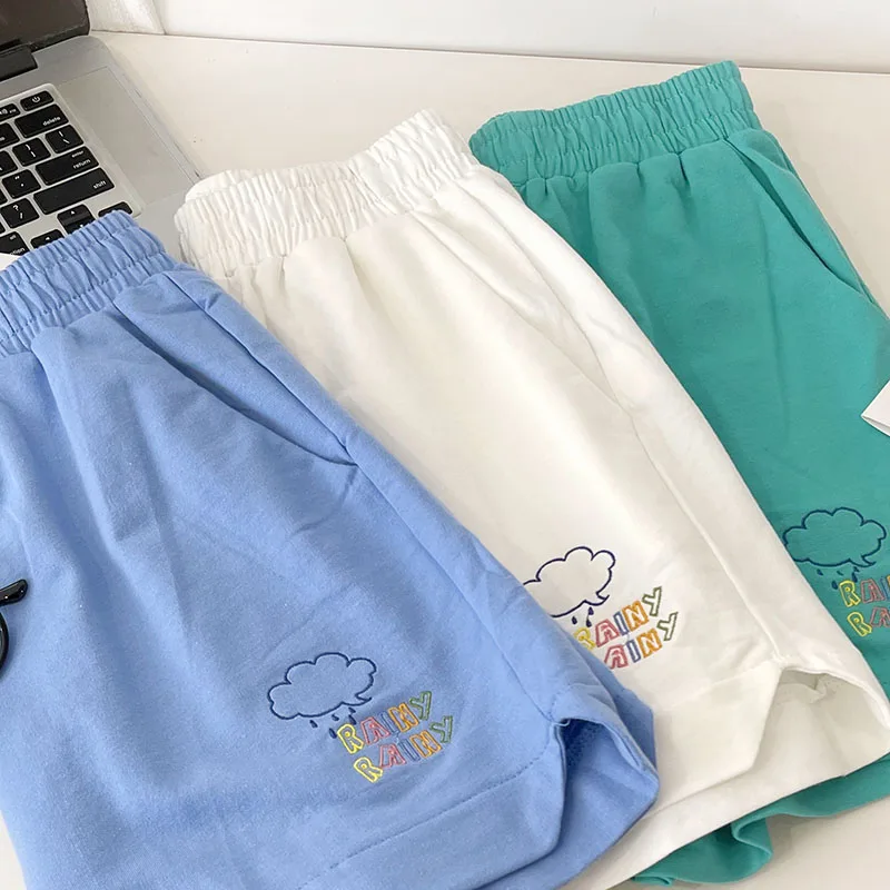 Casual Solid Color Cloud Letter Embroidered Elastic High Waist Shorts