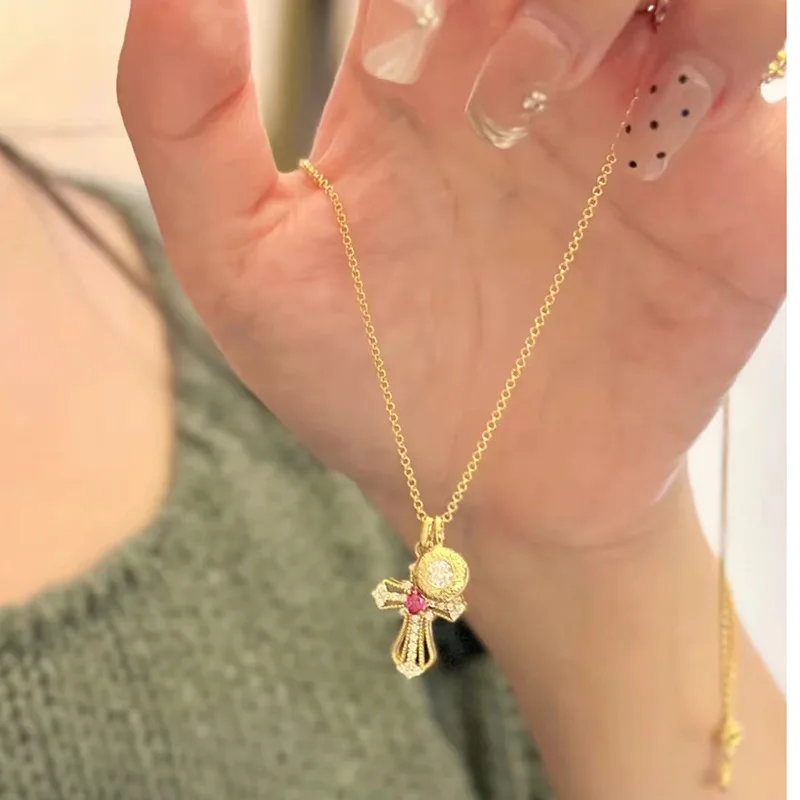 Серебро S925 пробы повседневный розовый крест подвеска модное универсальное