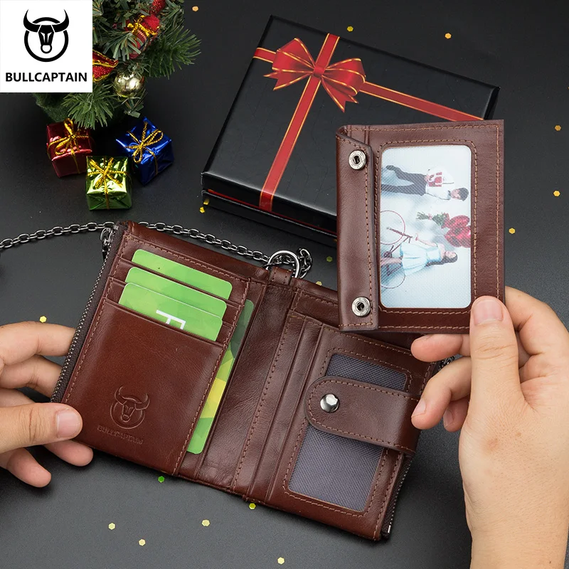 BULLCAPTAIN Leather Wallet Retro Classic Vertical Multi-Card Multi-Function Anti-Theft Brush Zipper Coin Purse