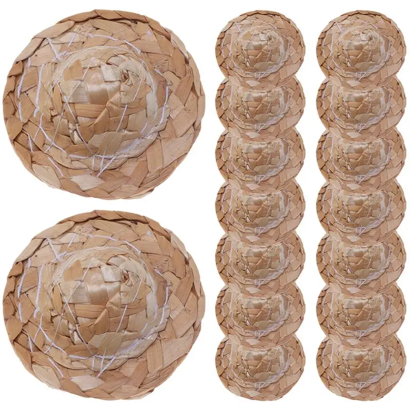 16pcs Small Woven Straw Hats Props Decorative Doll Straw Hats Photo Props Hand Woven Straw Hat And Doll Hat