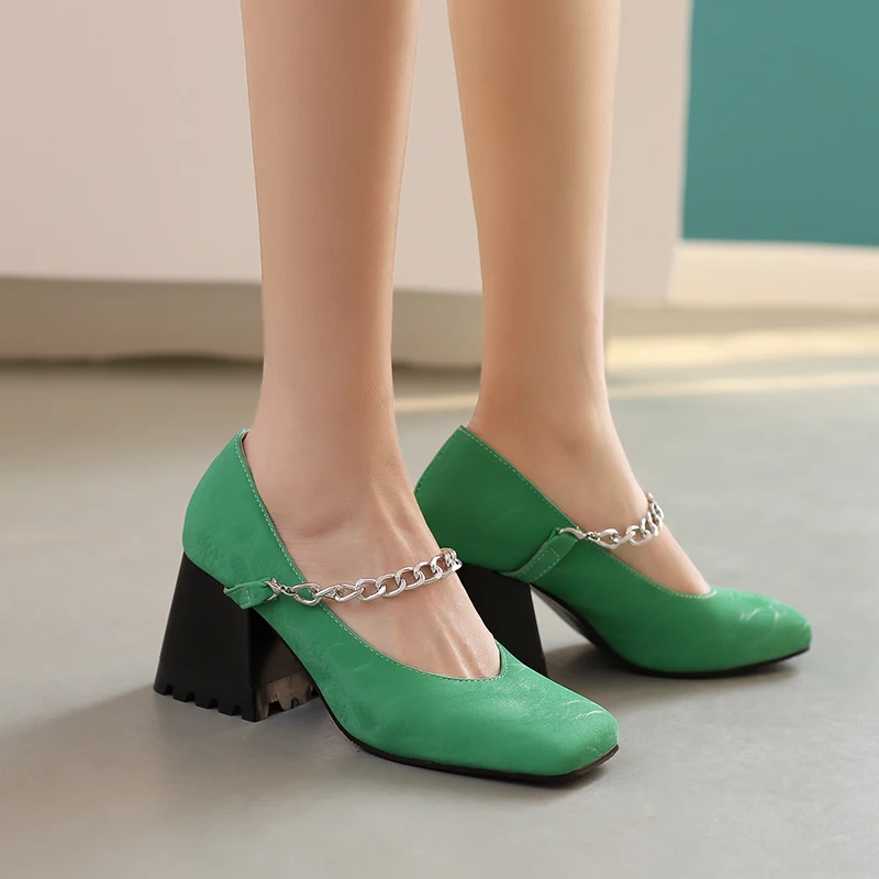 

New Women's Chain Mary Janes Pumps Square Toe Party Dress Shallow Comfortable Spring Casual High Heels Work Woman Shoes Size 48