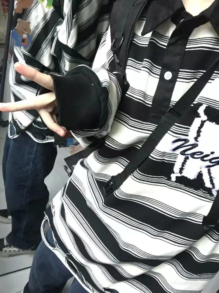 HOUZHOU Korean Black White Striped Sweatshirt Women Grunge Streetwear Ripped Basic Long Sleeve Tshirts Oversized Harajuku Hoodie