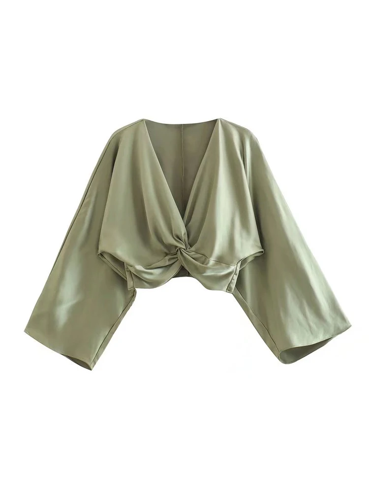 

2022 Summer Women Fashion Short Blouses Shirt Tops Solid Satin V-Neck Long Sleeve Female Elegant Loose Street Top Blusas