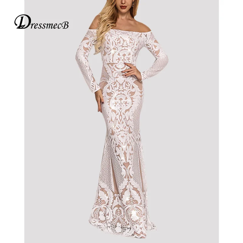 

Women's Sequin sexy dress, off shoulder off back long mesh dress, elegant, long sleeve, autumn, 2021