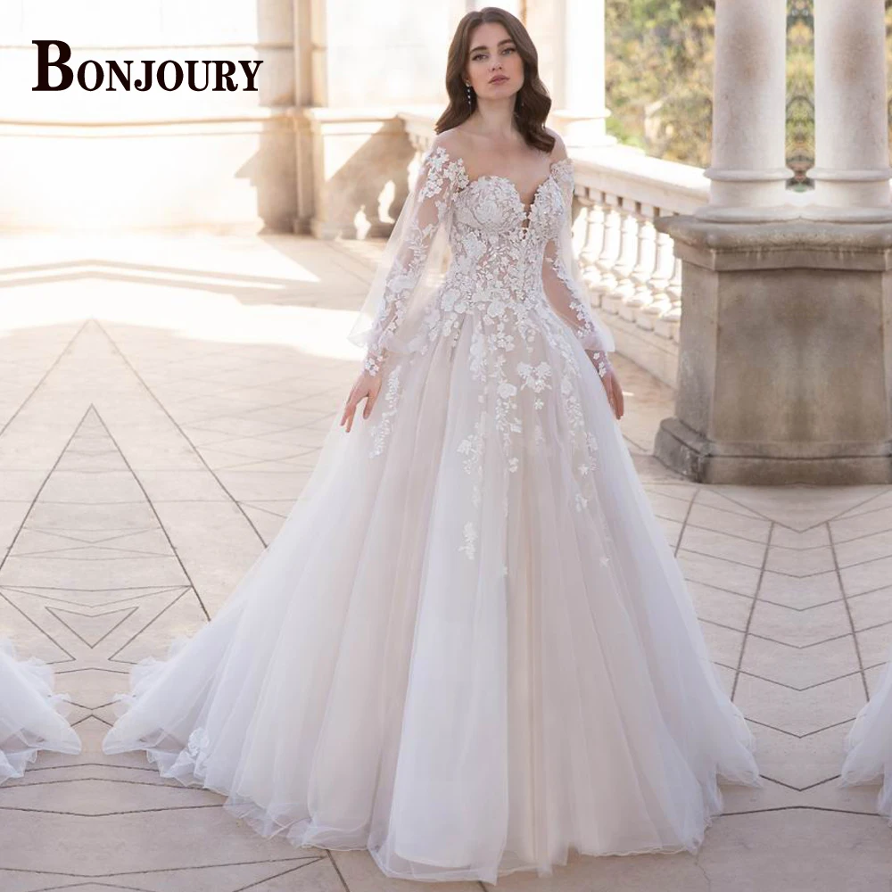 

BONJOURY 2023 Mordern Wedding Dresses For Women Full-Sleeves Aline Sweetheart Vestido De Noiva Made To Order Bride Formal
