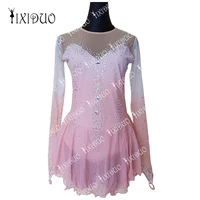 Kids Adult Pink Gradient Figure Skating Dress Women Girls Long Sleeve Shiny Competition Ice Figure Skating With Rhinestones Wear