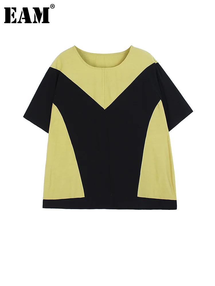 

[EAM] Women Yellow Color-block Casual Big Size T-shirt New Round Neck Short Sleeve Fashion Tide Spring Summer 2022 1DE9419