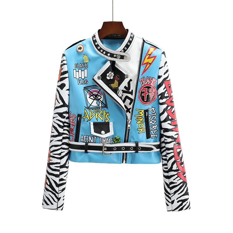 

women Faux leather jacket for spring autumn new zebra printing rivets stand collar punk moto biker style cropped pu leather coat