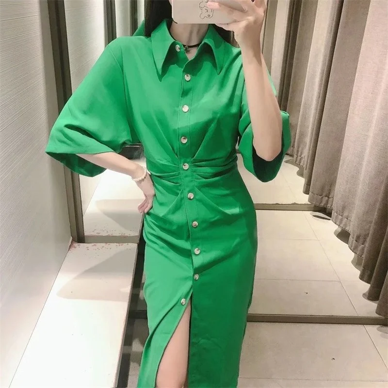 

Pink Ruched Midi Dress 2022 Summer Women Fashion Lapel Half Sleeve Button Shirt Dress Women Business Dresses Formal Office Wear