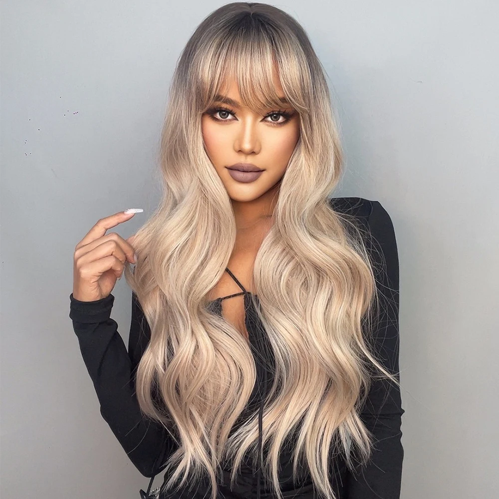 HENRY MARGU Long Water Wavy Synthetic Wigs Brown to Blonde Ombre Wigs with Bangs for Women Party Cosplay Heat Resistant Wigs
