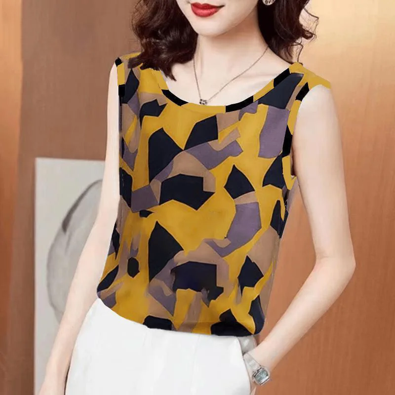 Fashion O-Neck Printed All-match Sleeveless Blouse Women's Clothing 2023 Summer New Oversized Casual Pullovers Tops Korean Shirt