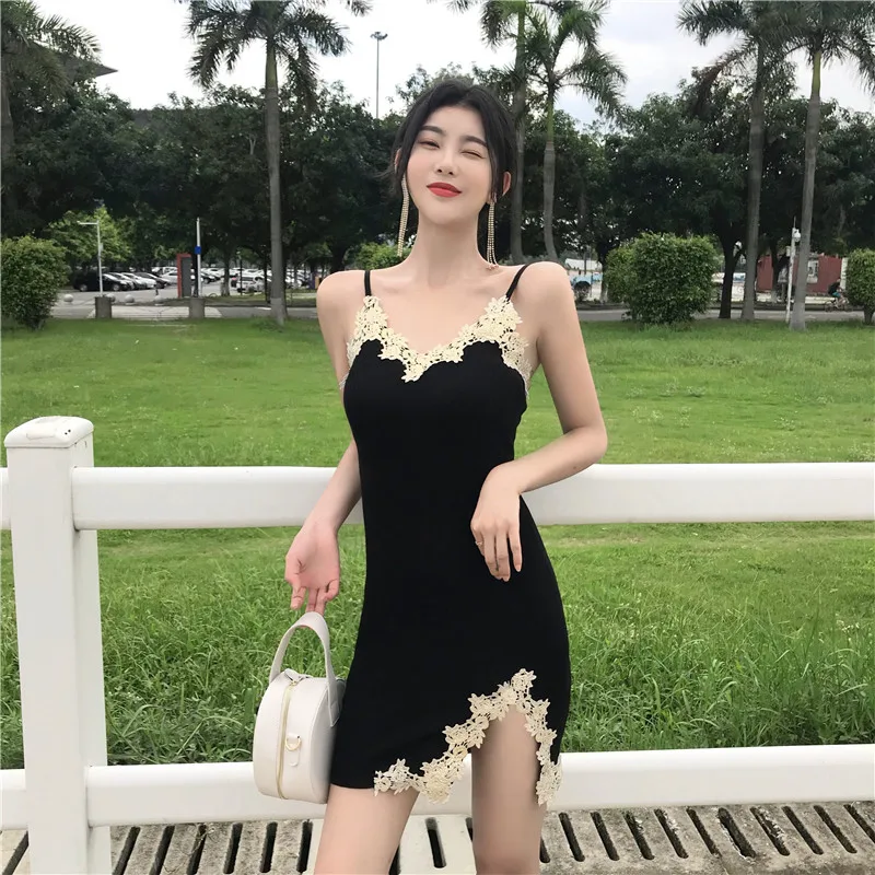

Women's Clothing fashion New summer sheath embroidery lace floral temperament v-neck Split Package hip spaghetti strap dresses