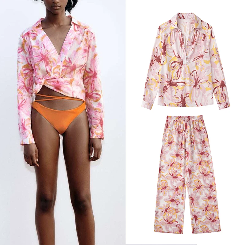 

2022 Spring Women Casual Long Sleeve Lapel Printed Shirt High Waist Loose Elastic Waist Straight Pants Two Piece Suit LY9950