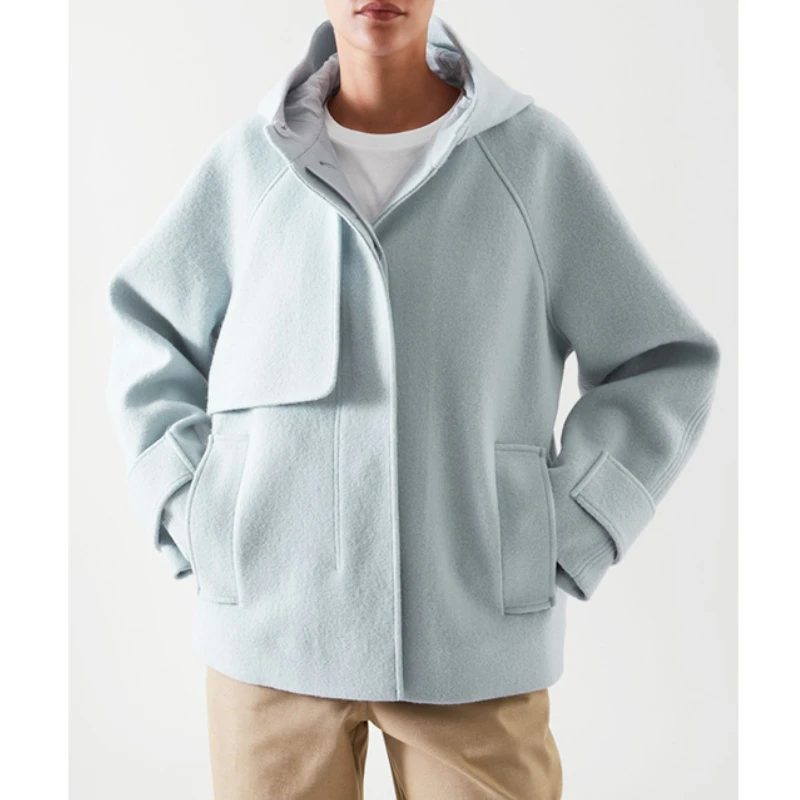 

Женское шерстяное пальто с капюшоном, повседневное свободное однобортное пальто средней длины с воротником-стойкой, зима 2023