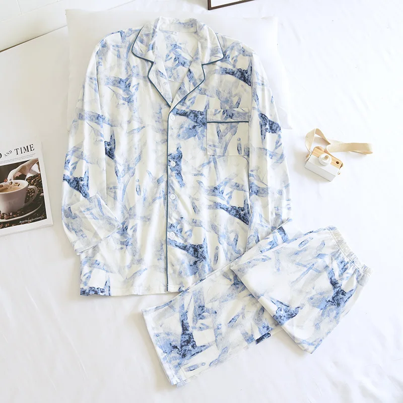 

100%cotton Knit Pajamas Long-sleeved Trousers Two-piece Tie-dye Men and Women Home Service Suits Pyjama Pour Femme