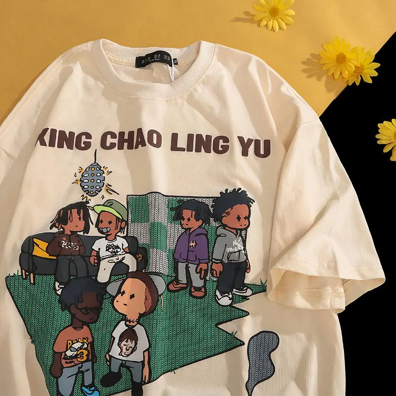 

100% Cotton American Retro Short Sleeve T-shirt Men Brand 2022 Summer Loose High Street Hip-hop Japanese Harajuku Fashion Tshirt