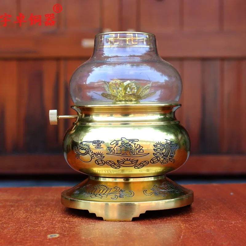 

Yuzhuo Bronze Ware Pure Brazen Buddha Words Oil Lamp Brass Oil Lamp Dragon Pattern Glass Cover Butter Lamp Crafts Ornaments
