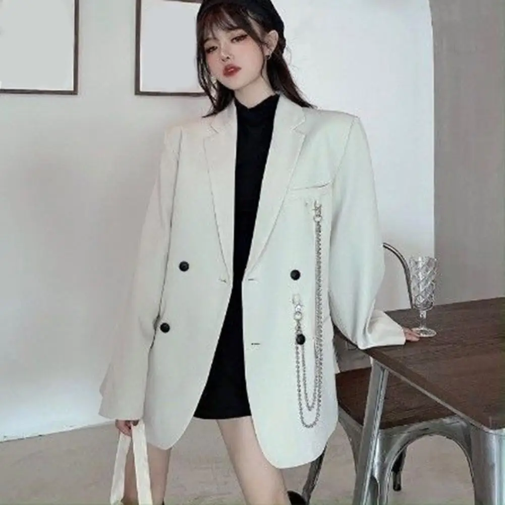 

Women Blazer Lapel Long Sleeves Women Autumn Coat Retro Loose Double-breasted Blazer Solid Color Hip Hop Autumn Suit Jacket