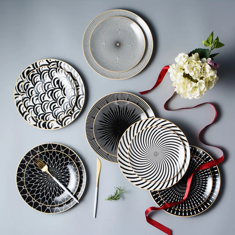 

Bandeja cerâmica redonda para massas, criativo, padrão geométrico, nórdico, placa de bolo, bife ocidental, china jantar conjunto