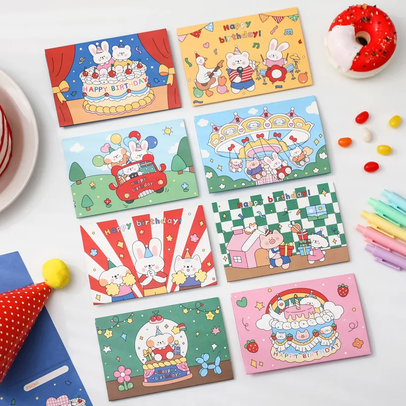 

10pcs Cartoon Animals Greeting Cards Colorful Folded Paper Card Birthday Party Invitation Customized Content Blank inside