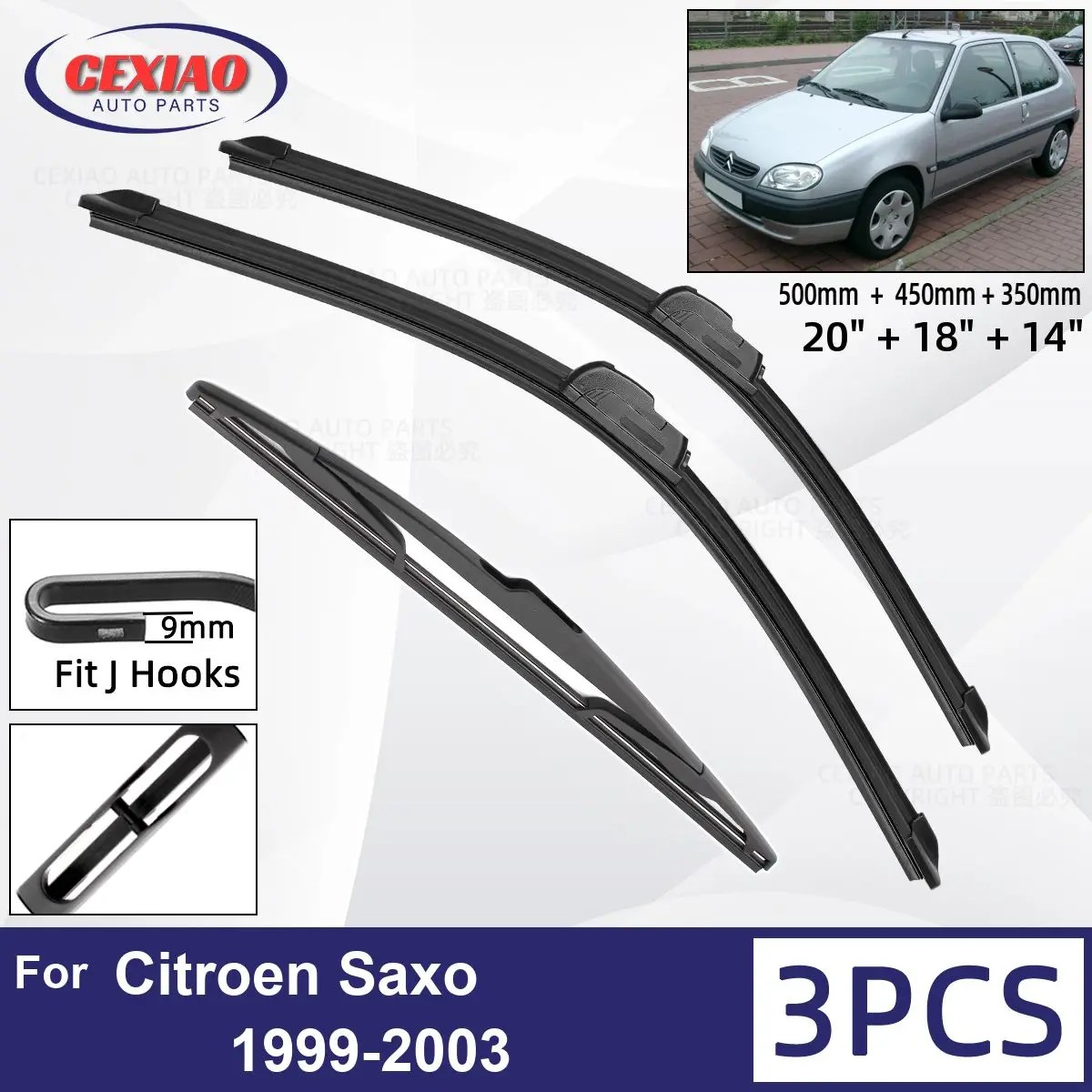 

For Citroen Saxo 1999-2003 Car Front Rear Wiper Blades Soft Rubber Windscreen Wipers Auto Windshield 20"+18"+14" 2000 2001 2002