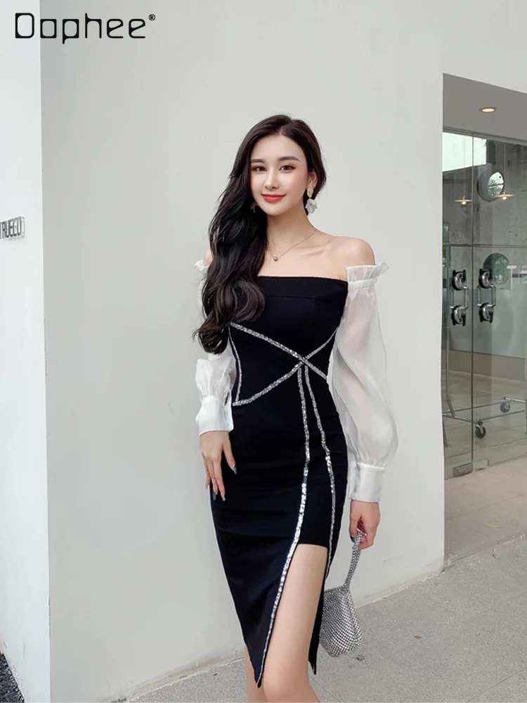

Spring 2022 Women's Clothing Sexy Slim Hip Tube Top Split Midi Dress Elegant Socialite Off-Neck Mid-Length Black Dress Midi Robe