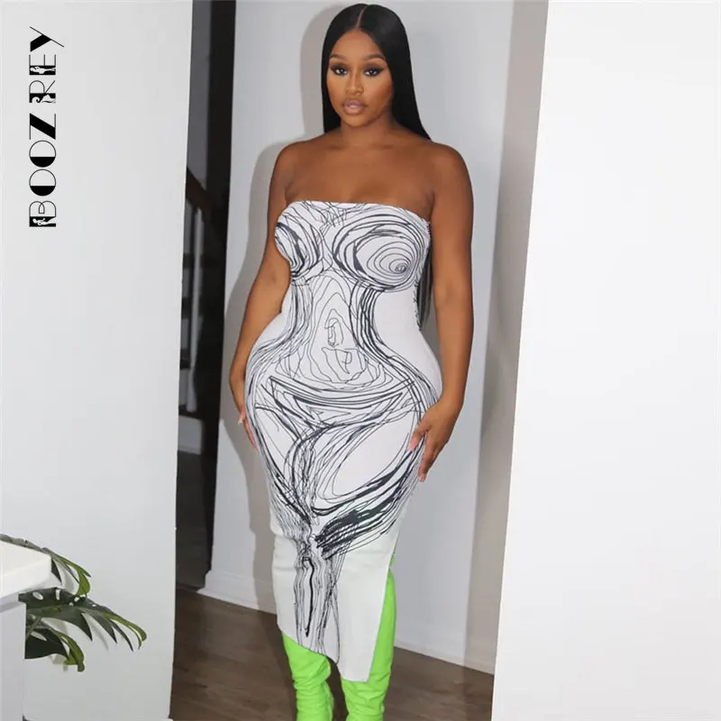 

BoozRey 2023 Abstract Print Wrapped Chest Midi Dress Women Sexy Hipster Strapless Side Slit Body-Shaping Robe Female Partywear