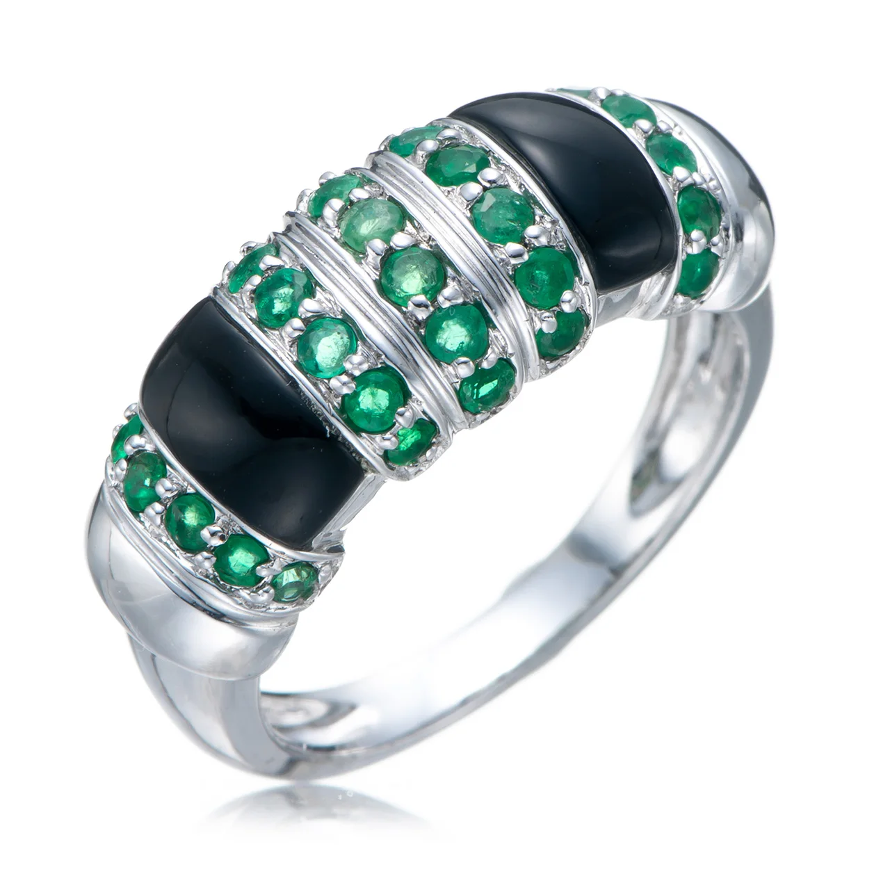 

GESIDE Emerald and Black Agate Rhodium Over Sterling Silver Ring