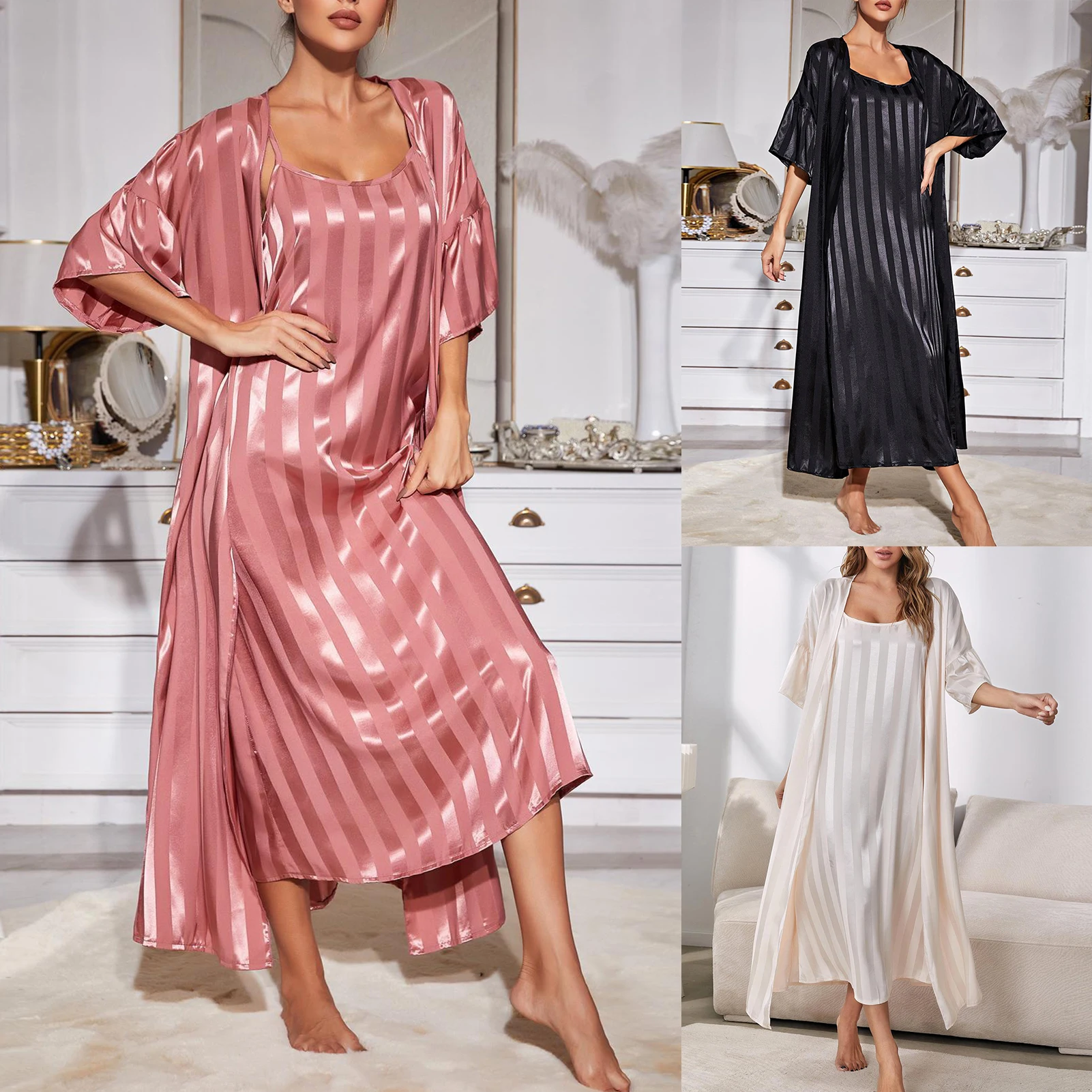 

Женский Пижамный халат, комплект сексуальной пижамы на бретельках, платье, домашняя одежда из шелка, роскошный костюм в полоску из двух предметов, Женская домашняя одежда