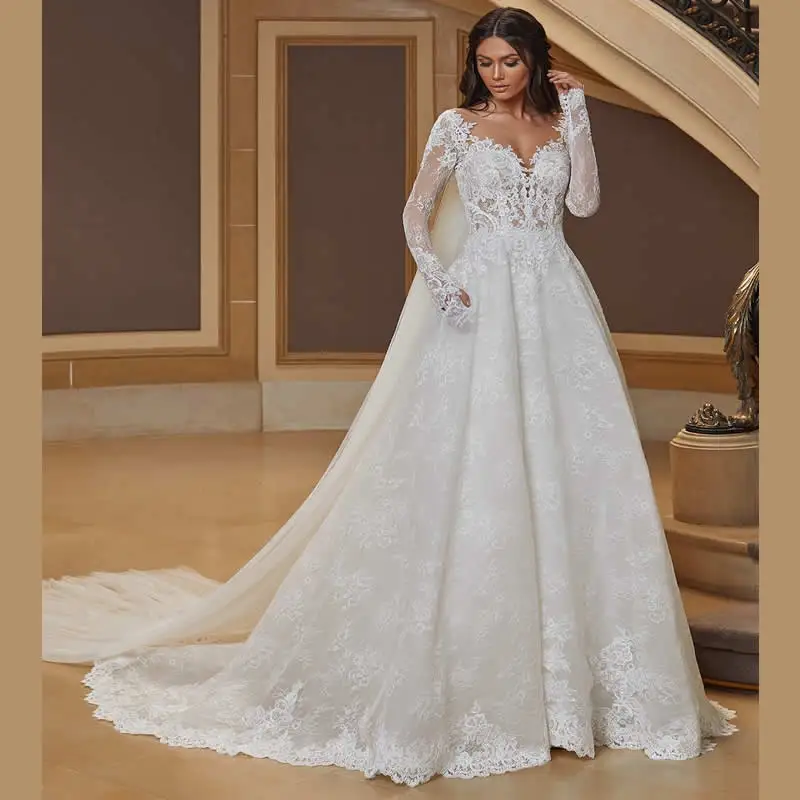 

Wedding Dress A-Line Lace Sweetheart Neckline Full Sleeves Custom Made Plus Sizes Bride Gown Vestidos De Novia