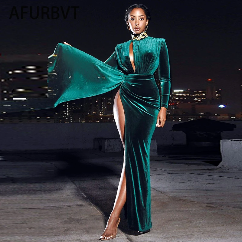 Women Elegant Velvet Prom Dress Sexy Hollow Out Crew Neck Long Sleeve High Split Fashion Evening Party gowns