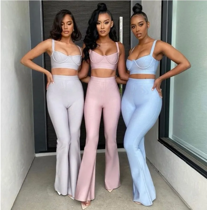 

2-piece Women's Fashion Sexy Bandage Sleeveless Tight Women's Sexy Wrap Chest Sling Sling High Waist Flared Pants Set